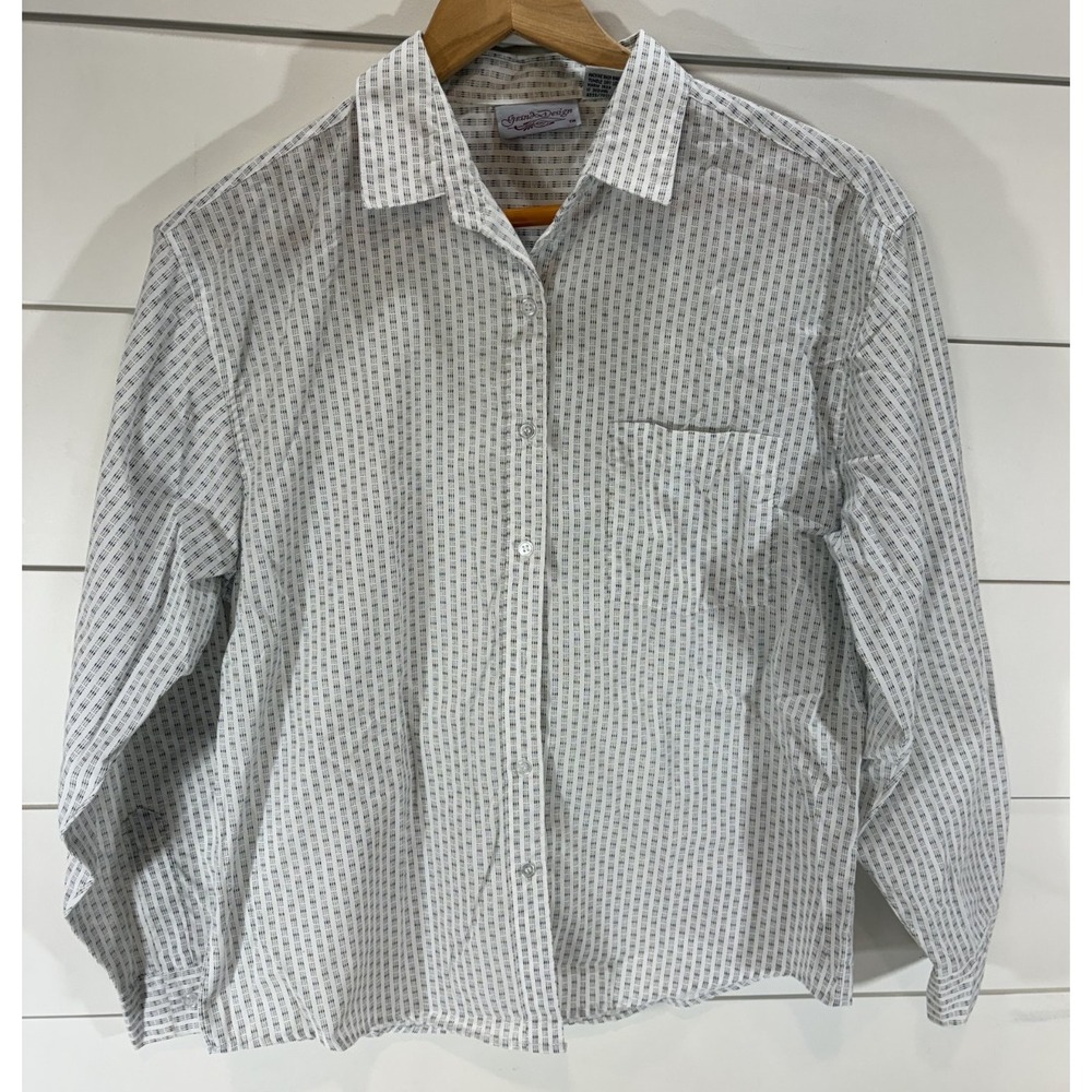 Vintage Grand Design Youth Size 12 Long Sleeve White Black Patterned Button Down
